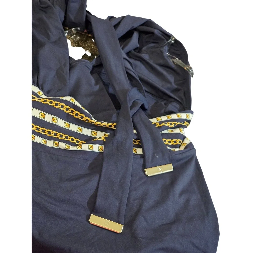 Michael Kors One Piece Swimsuit Women 8 Navy Blue‎ Halter Chain Print